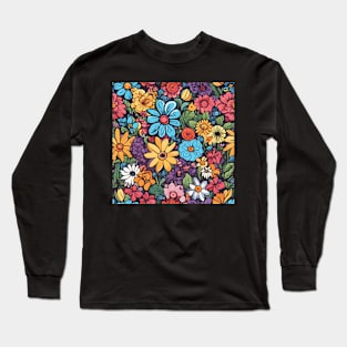 Vibrant Colorful Cartoon Flower Garden Long Sleeve T-Shirt